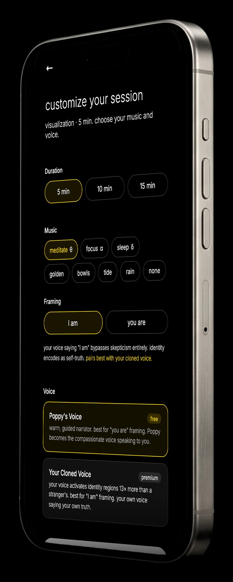 customize your session on an iPhone: length, music and voice